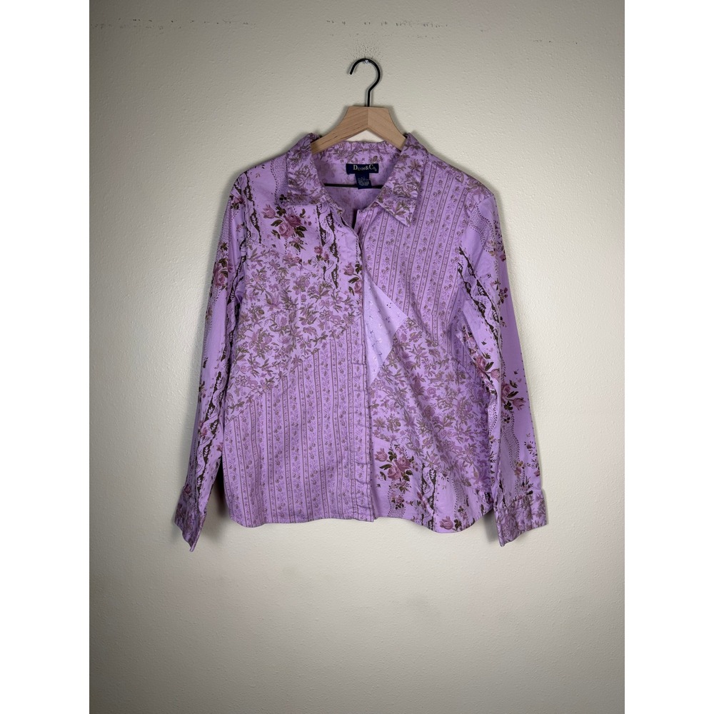 Denim & Co Cottagecore Boho Button Down Shirt Women XL Patchwork Floral Eyelet
